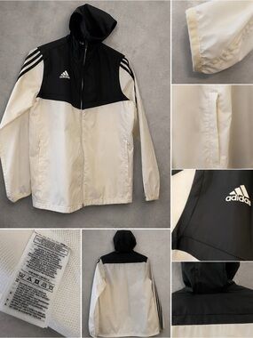 Adidas Youth Windbreaker Jacket Size 12 Black White Hooded Full Zip Jacket